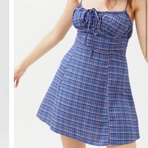 Urban Outfitters Kamaryn Tie Front Sleeveless Plaid Blue Mini Dress